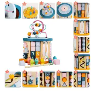 Jucarie Montessori 11 in 1 din lemn – Cub educativ multifunctional cu labirint si jocuri interactive pentru copii 3+