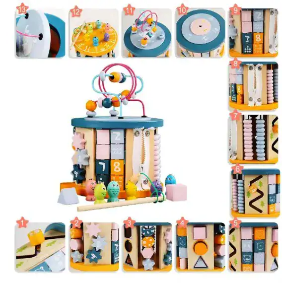 1 7a4v 6o.jpg 2 Jucarie Montessori 11 in 1 din lemn – Cub educativ multifunctional cu labirint si jocuri interactive pentru copii 3+