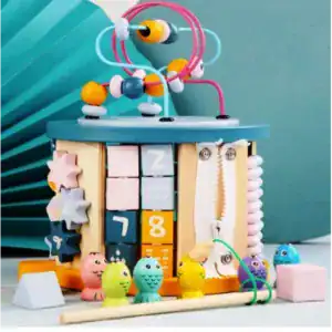 Jucarie Montessori 11 in 1 din lemn – Cub educativ multifunctional cu labirint si jocuri interactive pentru copii 3+