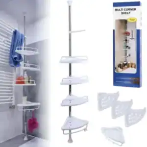 Raft telescopic de colt pentru baie, cu 4 etajere si suport prosop, organizator baie, montaj fara gaurire