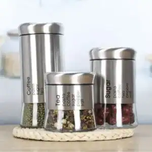 Set 3 borcane din sticla pentru depozitare, cu capac din inox, recipiente pentru paste, cereale, cafea si alimente uscate