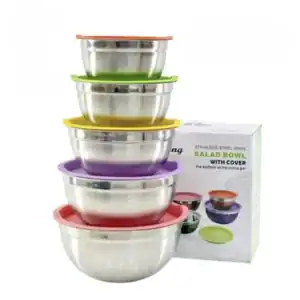 Set 5 boluri din inox cu capace, dimensiuni diferite, pentru salate, mixare, servire si depozitare