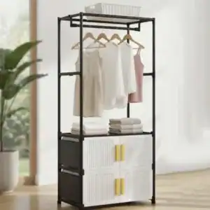 Organizator multifunctional pentru haine si pantofi, cu bara pentru umerase, 2 rafturi inchise si spatii de depozitare, alb