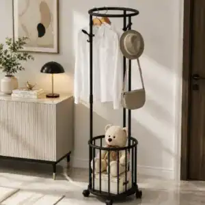 Suport multifunctional pentru haine cu cos de depozitare, stativ vertical pe roti, pentru dormitor, hol si dressing, 161 cm