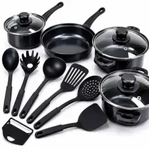 Set vase de gatit 13 piese, oale si tigaie antiaderente, capace din sticla si ustensile din nylon