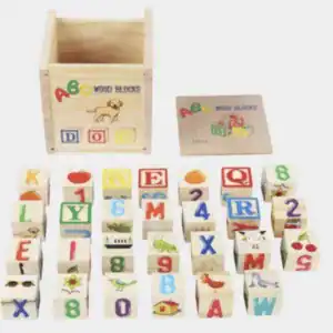 Cuburi din lemn cu litere, cifre si imagini, 27 piese, joc educativ ABC pentru copii, pot fi folosite si ca stampile