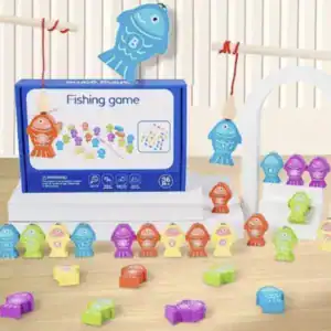 Joc de pescuit magnetic din lemn, 26 pesti cu litere, cifre si semne matematice, 2 undite, joc educativ Montessori, 3 ani+