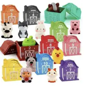 Set Montessori animale de ferma cu finger puppets si 10 hambare - joc educativ de numarare, sortare si rol