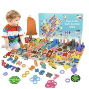 Joc Montessori din lemn 7 in 1 logaritmic – cifre, litere, forme, stivuire si pescuit magnetic
