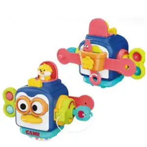Jucarie senzoriala Montessori pentru bebelusi, model Pinguin, cu aripi rotative, butoane, elemente tactile si activitati de motricitate fina
